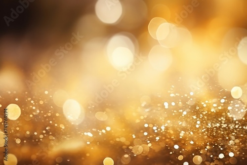 gold Sparkling Lights Festive background with texture. Abstract Christmas twinkled bright bokeh defocused and Falling stars