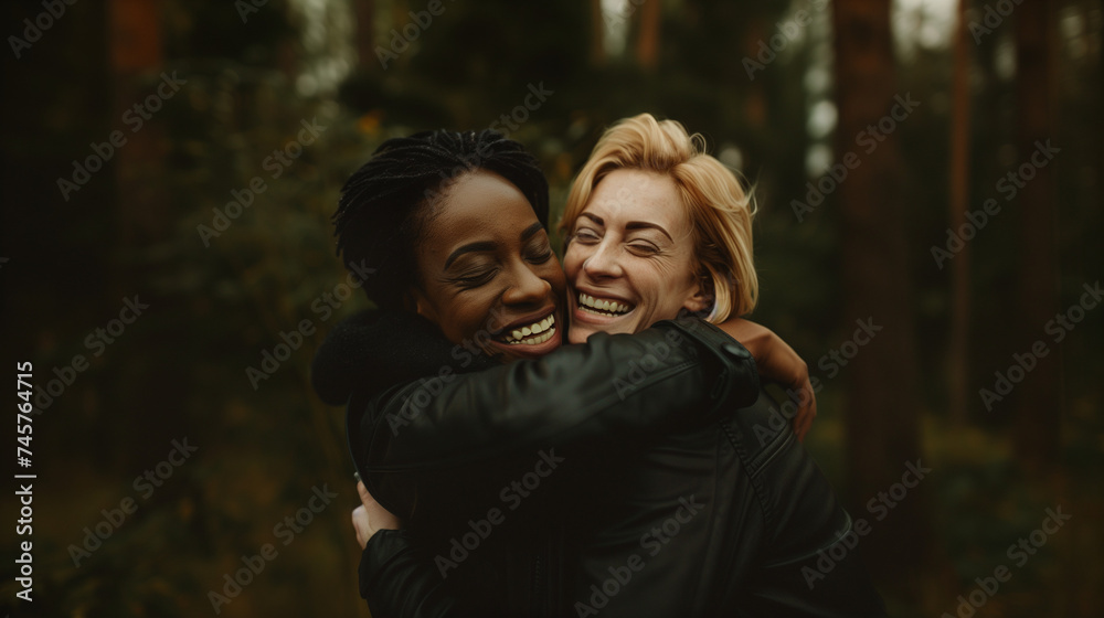 Two women smiling and hugging each other tightly. Two women smiling and hugging each other tightly.