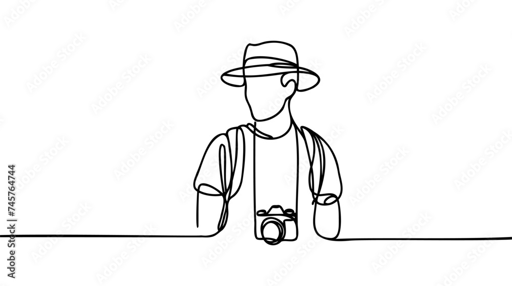 Continuous line drawing of traveler, tourist. Single one line art concept of tourist on white background. Vector illustration Continuous line drawing of traveler, tourist. Single one line art concept of tourist on white background. Vector illustration