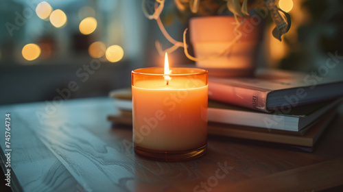 Warm Glowing Candle on Wooden Table with Books and Plant Bokeh Background for Cozy Home Atmosphere photo