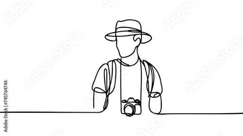 Continuous line drawing of traveler, tourist. Single one line art concept of tourist on white background. Vector illustration