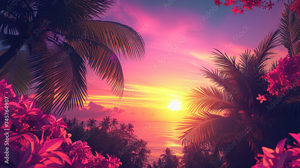Tropical Sunset Scenery with Vivid Colors and Palm Tree Silhouettes over Ocean Horizon