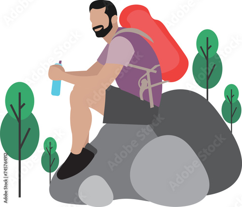Vector man sitting in mountains hiking concept cartoon vector illustration