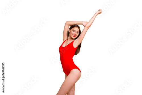 Joy fun delight rejoice trip sensuality person people concept. Side profile half turned photo shoot portrait of beautiful attractive pretty excited student raising hands up isolated vivid background