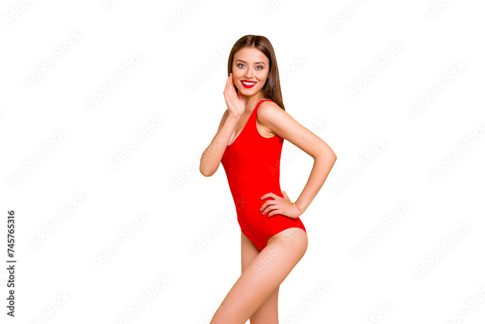 Trip travel resort journey people person concept. Photo shoot portrait of attractive pretty charming gorgeous sexual romantic lady holding hand near face on waist isolated bright background copyspace Trip travel resort journey people person concept. Photo shoot portrait of attractive pretty charming gorgeous sexual romantic lady holding hand near face on waist isolated bright background copyspace