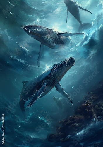 Humpback whales swimming in deep blue ocean  serene underwater scene with sun rays  high detail  32k resolution.