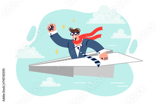 Business man flies on paper plane on corporate trip to conclude lucrative contract with partners