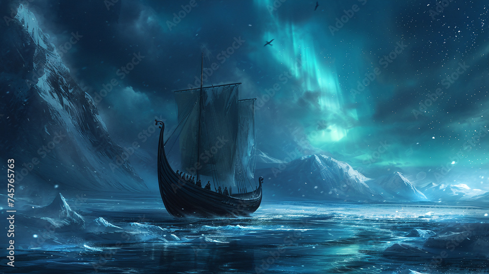 Sailing Ship under Northern Lights in Arctic Seascape Fantasy Night Sky Illustration - obrazy, fototapety, plakaty 