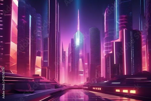 Futuristic cityscape bathed in neon pink and purple hues with a glowing sunset background. Generative ai