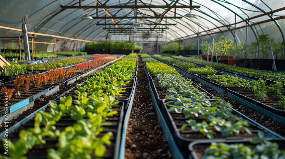 Greenhouse Interior with Rows of Diverse Young Plants and Seedlings ...