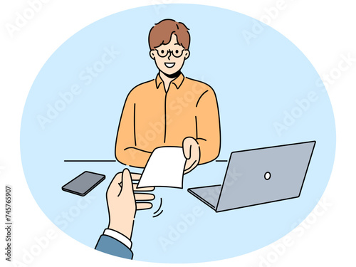 Smiling employer give check to worker in office. happy businessman pass paycheck to employee. Employment and compensation. Vector illustration.