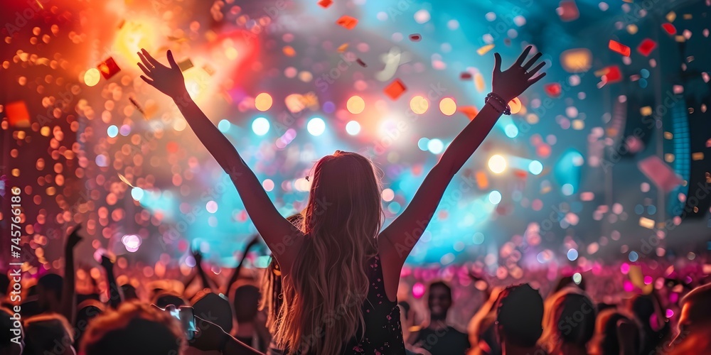Vibrant music festival with energetic crowd live performances colorful stage lights. Concept Music Festivals, Energetic Crowds, Live Performances, Colorful Lights, Vibrant Atmosphere