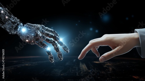 3D rendering of robot hand vs human hand touching digital world and virtual graphic interface and artificial intelligence, World communication concept © Elchin Abilov