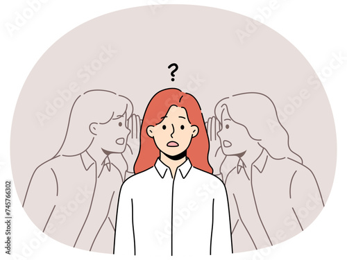 Confused woman listen to inner voice. Frustrated female hear other personalities doubt about decision making. Vector illustration.