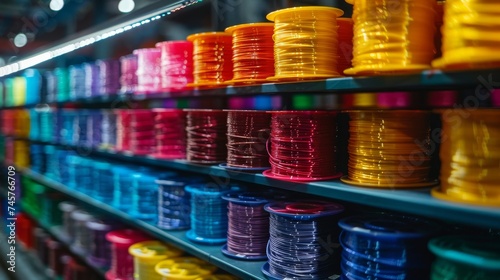 Providing the necessary materials for creative manufacturing, vibrant spools of 3D printer filament in a range of colors are illuminated by ambient lights, essential for 3D printing projects.