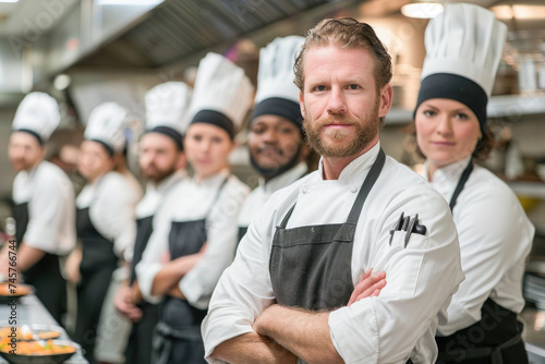 Portrait of confident chef standing with his team in the kitchen of the restaurant. Cooking team posing for a team photo in the kitchen at work. 
