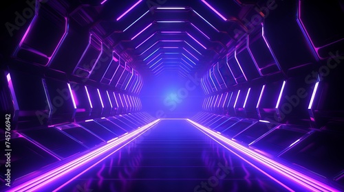 Abstract Futuristic Technology concept. Neon Hexagon Tunnel modern background. Fluorescent ultraviolet glowing light lines.