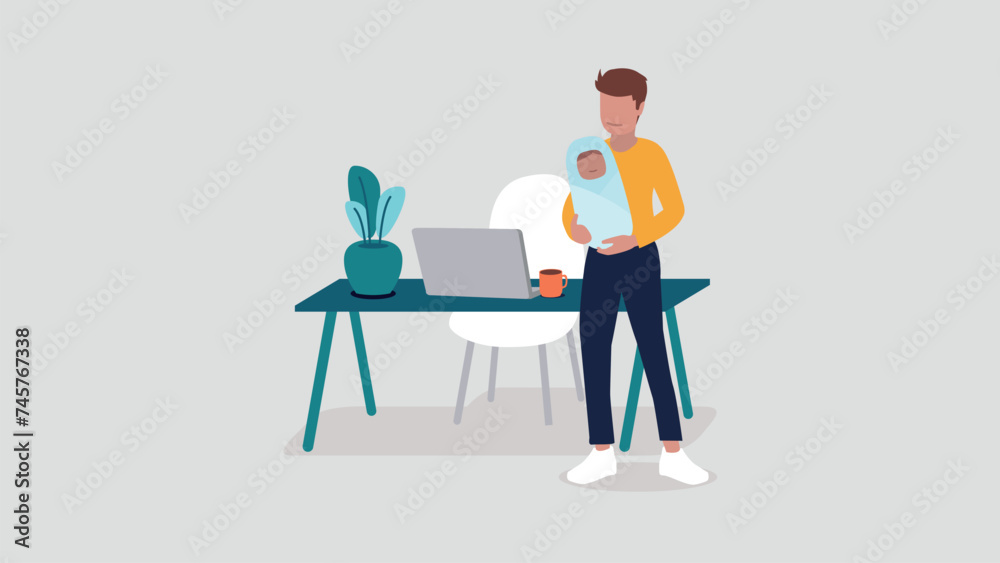 Vektor-Illustration eines Mannes mit einem Baby, der entspannt im Home-Office arbeitet - Business-Konzept