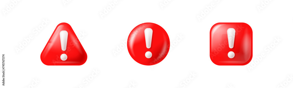 Exclamation sign red three-dimensional buttons. Alert rounded circle, triangle and square button set. Exclamation sign red three-dimensional buttons. Alert rounded circle, triangle and square button set.