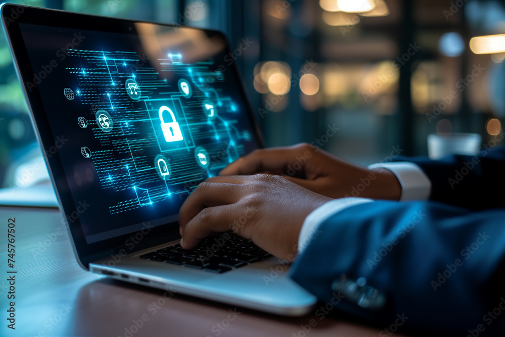 Businessman protecting personal data information on laptop. Cyber security network concept Businessman protecting personal data information on laptop. Cyber security network concept