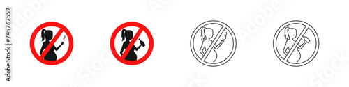 Pregnancy no smoking and no drinking alcohol icon set. Stop unhealthy habits. Pregnant woman caution icons.