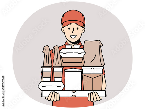 Smiling male courier with boxes in hands show good quality service. Happy deliveryman in uniform deliver order to customer. Vector illustration.