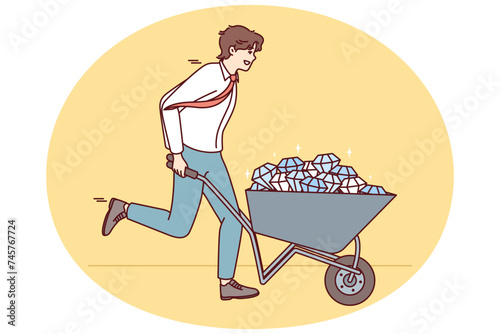 Successful man in shirt and tie runs with cart filled with diamonds. Gemstones symbolize highly profitable niche for starting own business or startup with high margins and no risks