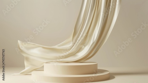 Beige silk fabric elegantly drapes over a cylindrical concrete pedestal