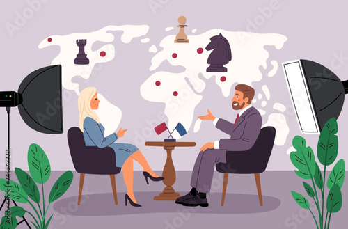 Political talk show. Politicians communication. Mayoral or presidential election debate. Vote candidates discussion at television studio. Party representatives. Garish vector concept