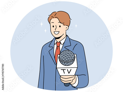 Male journalist with microphone in hands interview audience. Man reporter or host stretch mic to camera. Journalism and broadcast. Vector illustration.