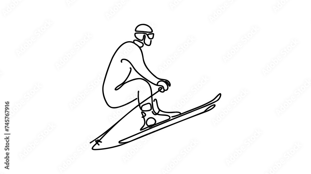 Thin one continuous line illustration drawing skier, skiing, descent from the mountain. Winter sport and tourism concept