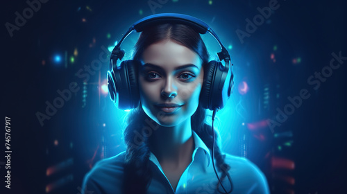 Friendly female helpline operator with headphones on futuristic background.