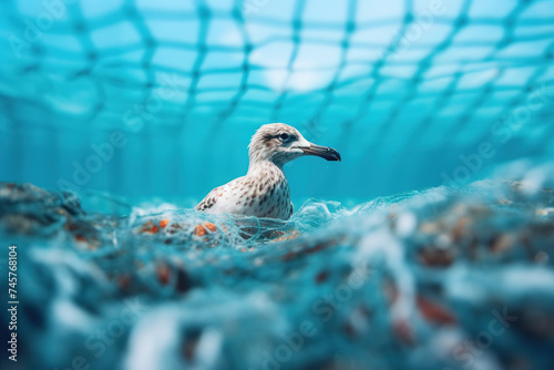 Bird stuck in plastic bag and fishing net.