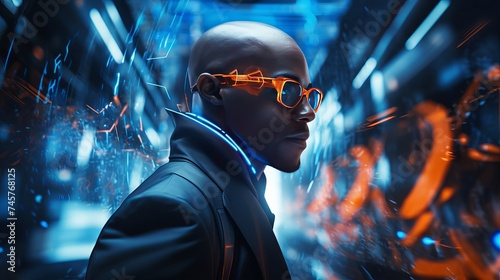Ai cyborg wearing futuristic eyeglasses standing by light trail