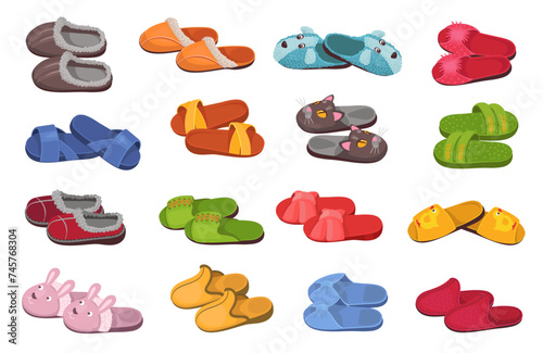 Home footwear. Cozy domestic slippers different types. Warm soft materials. Animal muzzles. Comfortable shoes for bedroom. Domestic clothing. Felt and fur footgear. Splendid vector set