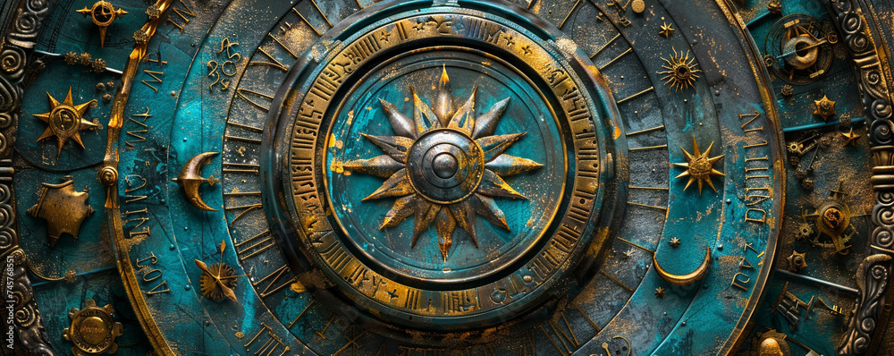 A steampunk zodiac wheel where each sign is a cog in the machine of fate powered by belief and energy