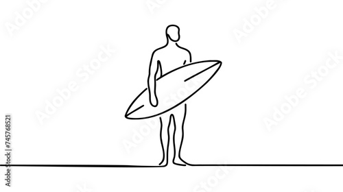 Continuous one single drawn surfer line on a surfboard on the crest of a wave on the beach