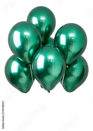 A set of metallic green balloons that are shiny and oval-shaped.