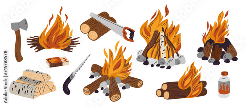 Different bonfires types. Burning campfires. Brushwood and firewood heaps. Various wood materials. Tools for chopping. Camp fire flames. Axe and saw. Timber combustion. Garish vector set