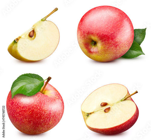 Red apple isolated. Whole apple, half and a slice on white background. Apple collection with clipping path