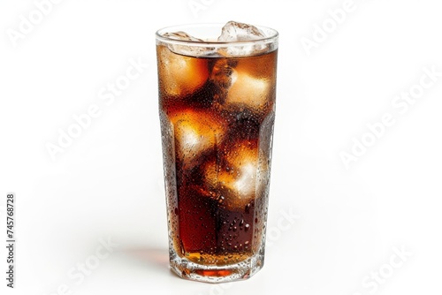 Cola with ice in a glass on a white background