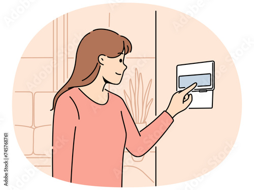 Smiling woman using smart home system on apartment wall. Female renter turn on alarm or security on panel in house. Indoor technology. Vector illustration.