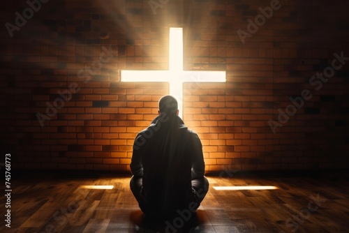 Christian man praying in front of the cross.