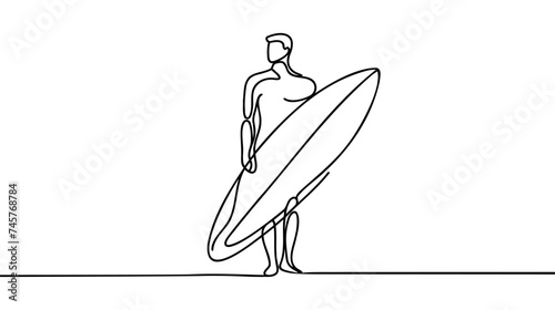 Continuous one single drawn surfer line on a surfboard on the crest of a wave on the beach