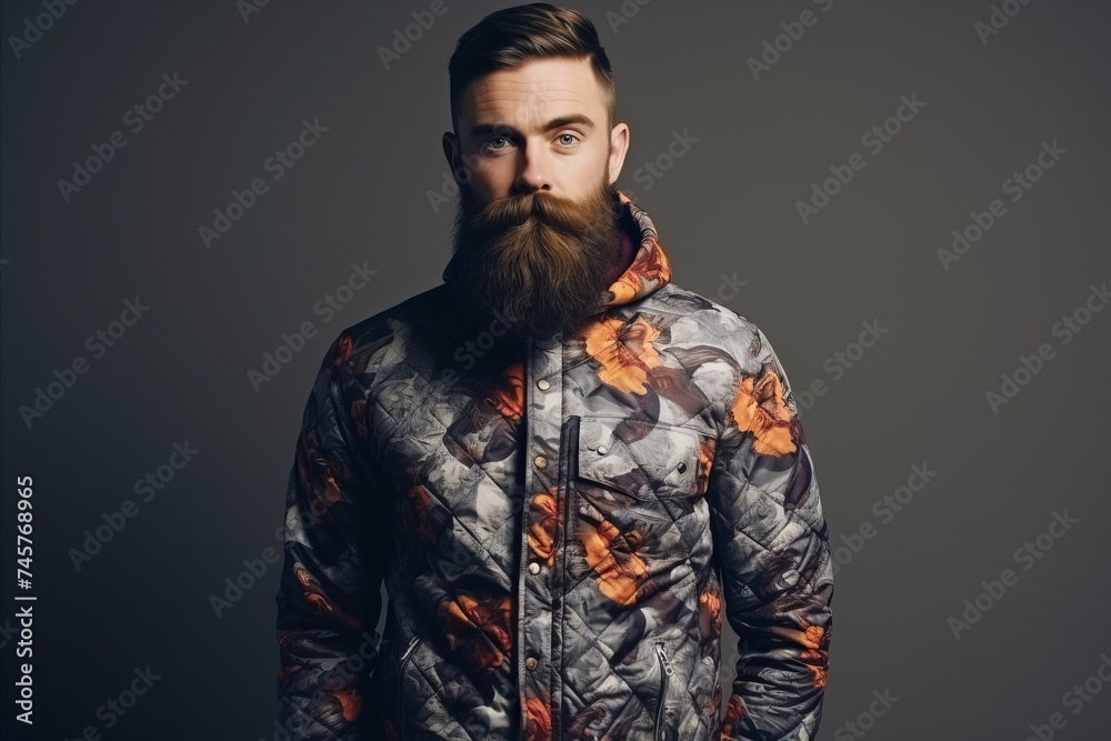 Handsome young man with long beard and moustache in stylish winter jacket. Handsome young man with long beard and moustache in stylish winter jacket.