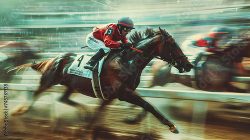 Racehorses and jockeys compete at finish line. Blurred motion background to emphasize speed. Bet concept. Generative AI © AngrySun