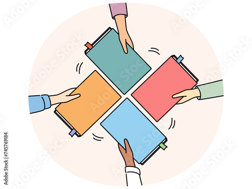 Diverse people with books in hands involved in book crossing event. Friends exchange textbooks at literature gathering. Bookcrossing and education. Vector illustration.