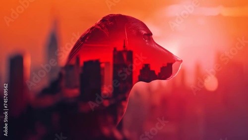 Dog Days in the City: A Red Sunset Reverie. Generative ai photo
