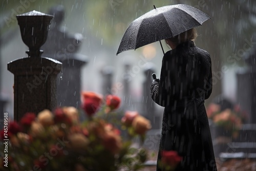 Senior woman With Flowers Standing By Grave on cemetery in the pouring rain with umbrella