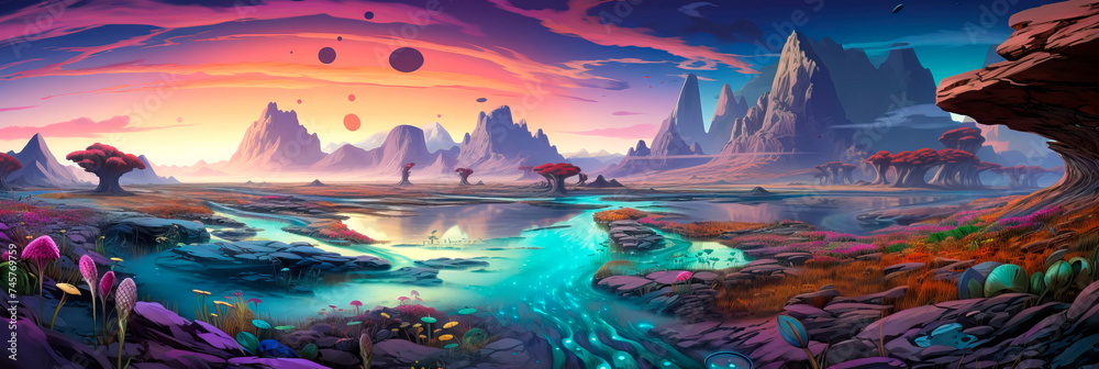 landscape filled with psychedelic colors, shapes, and patterns that alter perception and reality. Generative AI